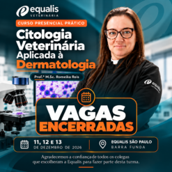 Promotional poster for a veterinary cytology dermatology course by Equalis, featuring a researcher in a lab coat and lab equipment, with 'Vagas Encerradas' banner and date/location details.