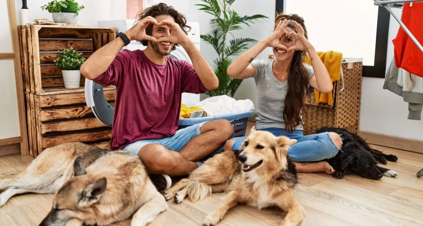 young-hispanic-couple-doing-laundry-with-dogs-doing-heart-shape-with-hand-fingers-smiling-copia-scaled | Equalis A Nova Família: Por Que os Pets Estão Ganhando Espaço nos Lares Modernos