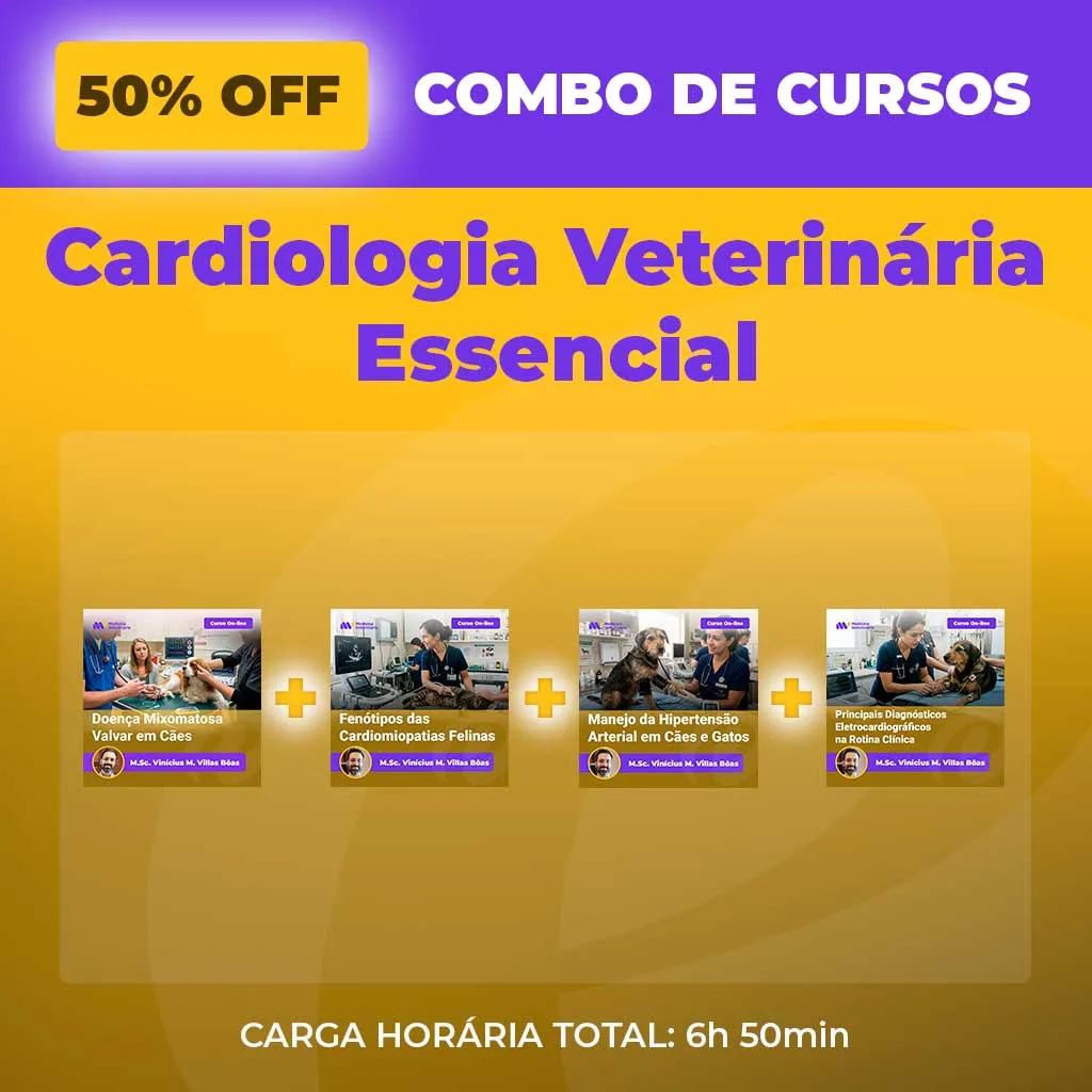 COMBO-Cardiologia-Veterinária-Essencial | Equalis Promotional banner offering 50% off the 'Cardiologia Veterinária Essencial' course combo, with four course thumbnails and total duration 6h50m, on a purple-yellow background.