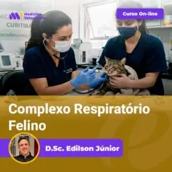 Banner promoting an online course: Complexo Respiratório Felino, by D.Sc. Edilson Júnior; two veterinarians examine a cat in a clinic.