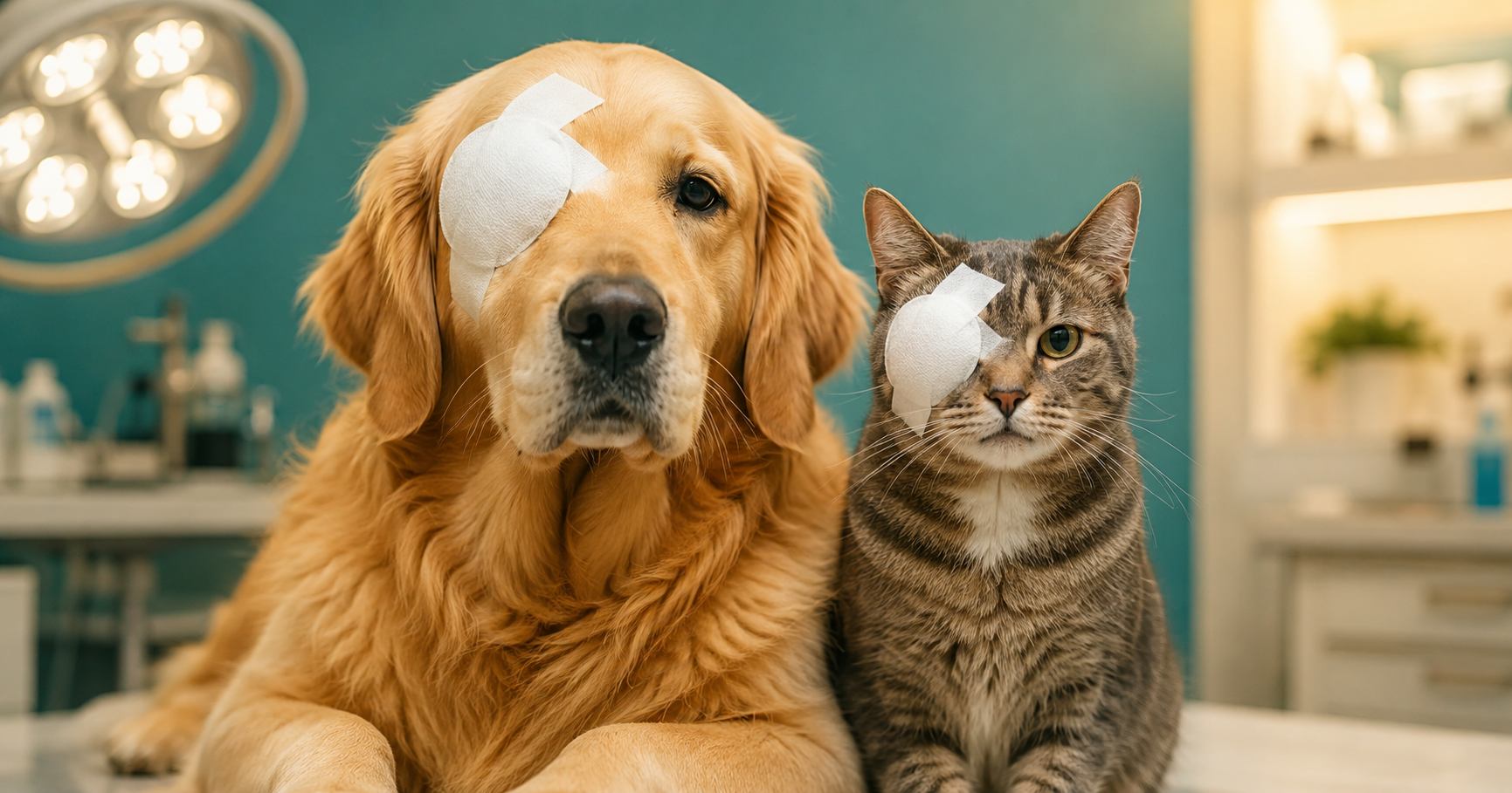 Enucleação em cães e gatos · Equalis Veterinária | Equalis Cão golden retriever e gato com curativos oftálmicos pós-enucleação em consulta veterinária