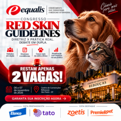 Poster for a veterinary conference: 'Red Skin Guidelines' with a golden retriever and a cat, announcing limited remaining spots ('Restam apenas 2 vagas') at Centro de Convenções Rebouças, São Paulo, Nov 6–7, 2026.
