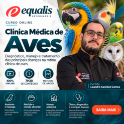 Banner de curso online de clínica médica de aves com o professor Leandro Sánchez Gomes cercado por papagaios coloridos.