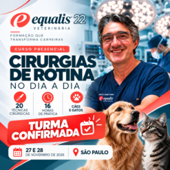 Pôster promocional da Equalis Veterinária anunciando curso presencial de cirurgias de retina em São Paulo, 27–28 de novembro de 2026, turma confirmada, com veterinário e animais.